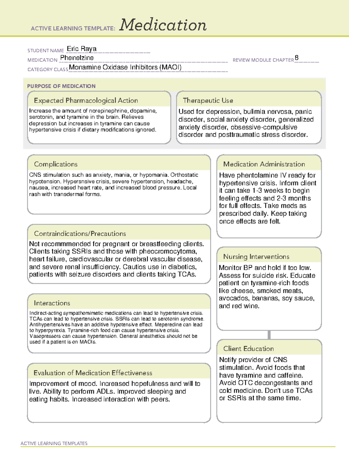 Phenelzine Template Nsg 250 Active Learning Templates Medication Student Name Studocu