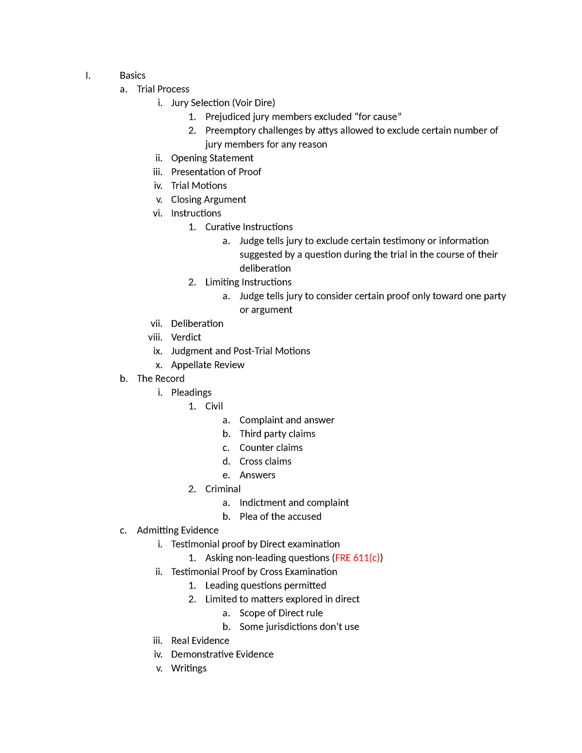 Outline - I. Basics a. Trial Process i. Jury Selection (Voir Dire) 1 ...