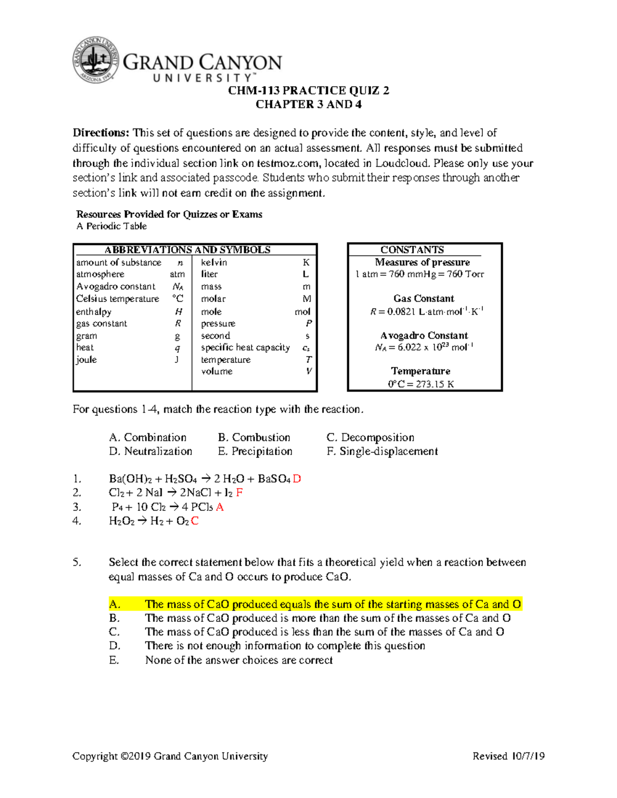 Practice Quiz 2 Chemistry Chapter 3 and 4 Studocu