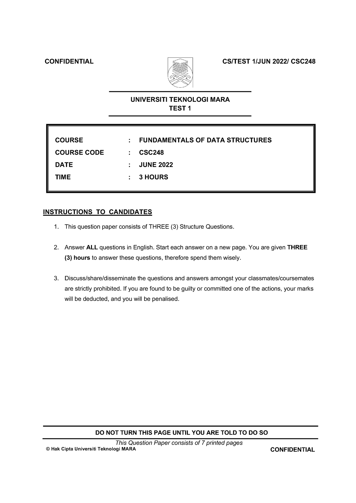 CSC248 Test Mar Aug 2022 (June2022) - DO NOT TURN THIS PAGE UNTIL YOU ...