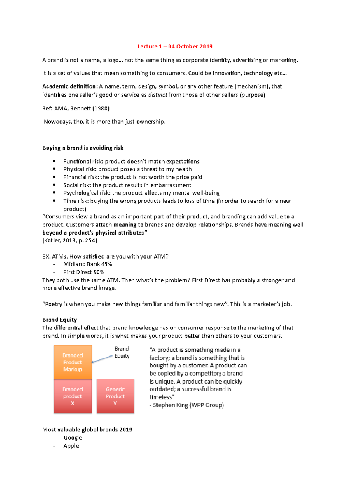 Brands & Branding Lectures - Lecture 1 – 04 October 2019 A brand is not ...