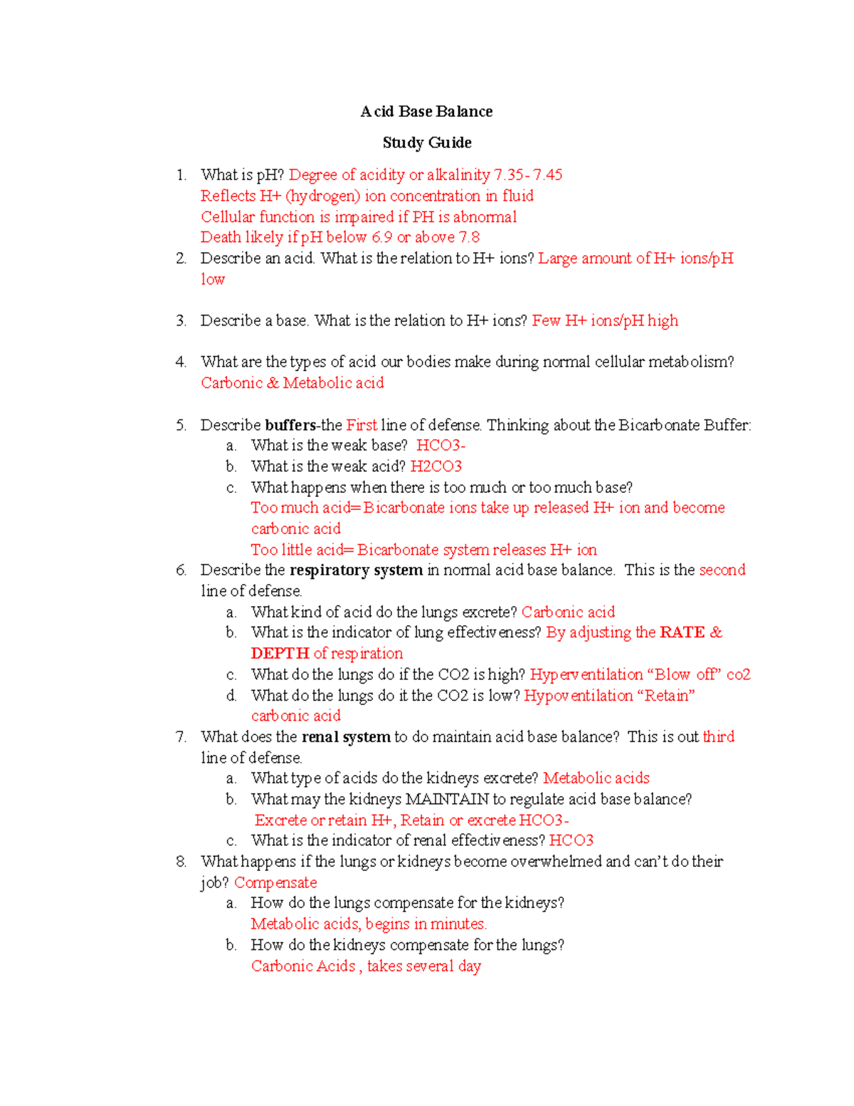 Acid Base Study guide Acid Base Balance Study Guide What is pH