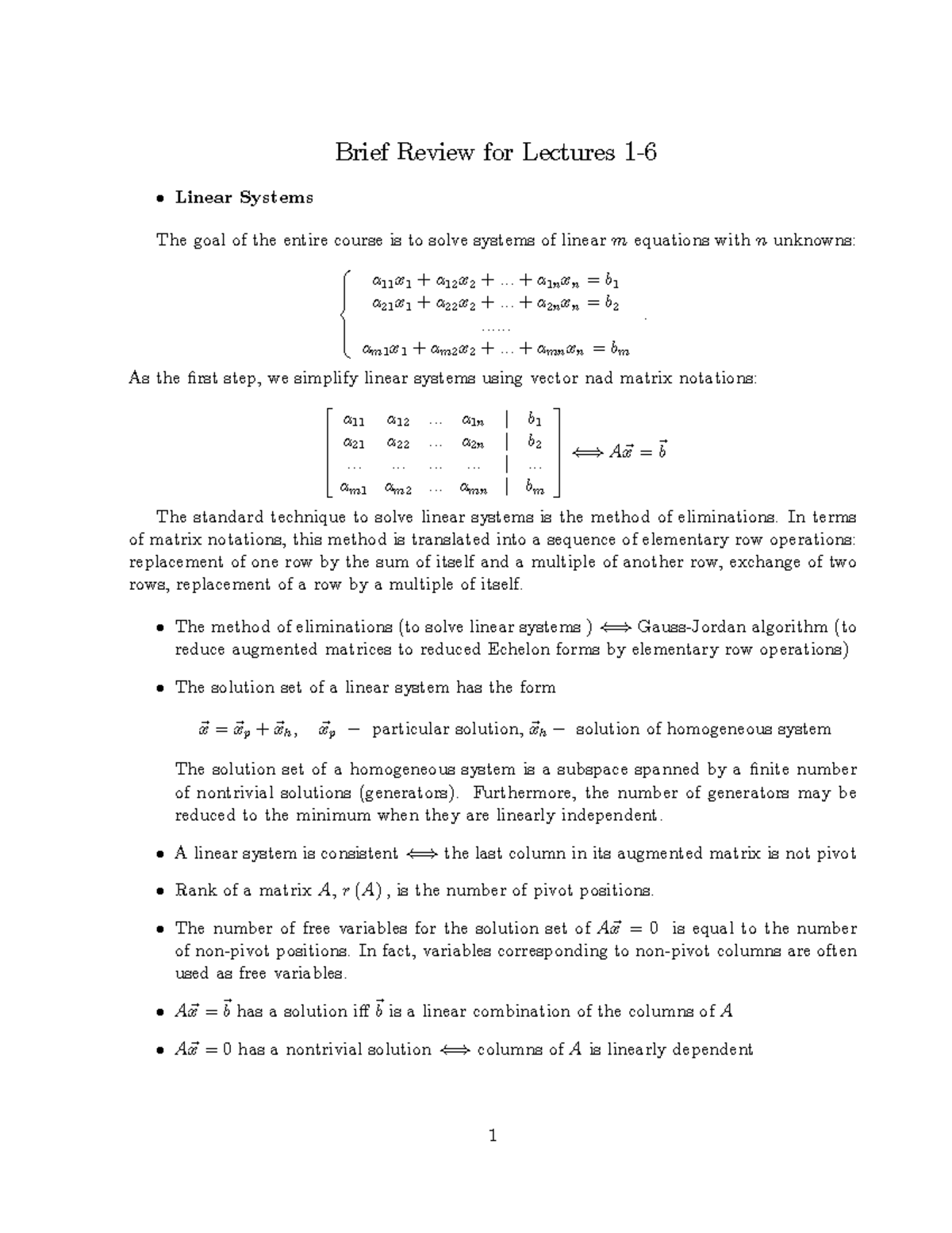 Lecture Notes, Lectures 1-6 - Brief Review For Lectures 1-6 - Brief ...