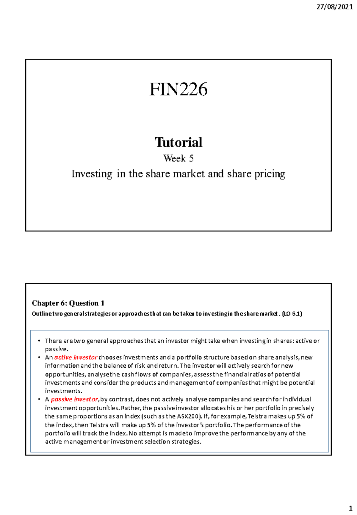 Week 5 Answers FIN226 - FIN Tutorial Week 5 Investing In The Share ...