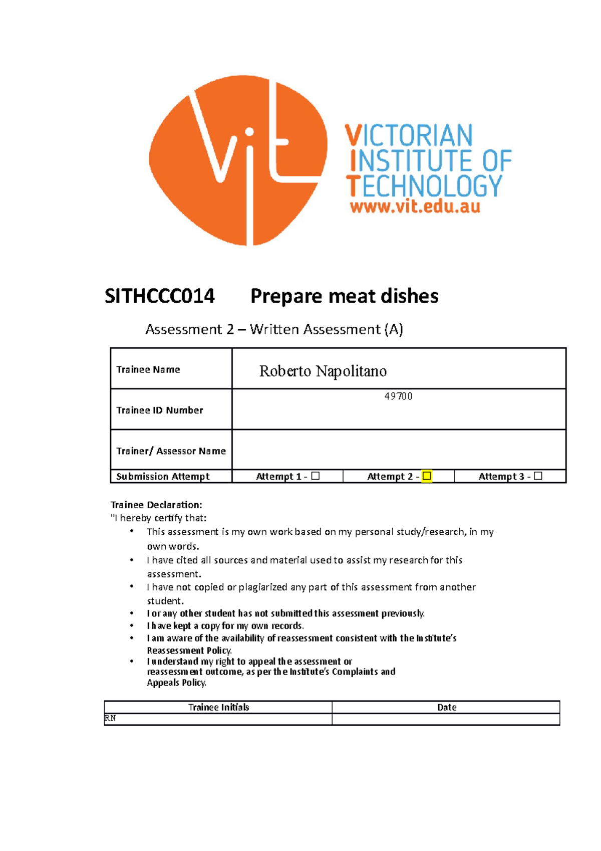 Sithccc 014 cert 3 SITHCCC014 Prepare meat dishes Assessment 2 Written Assessment (A