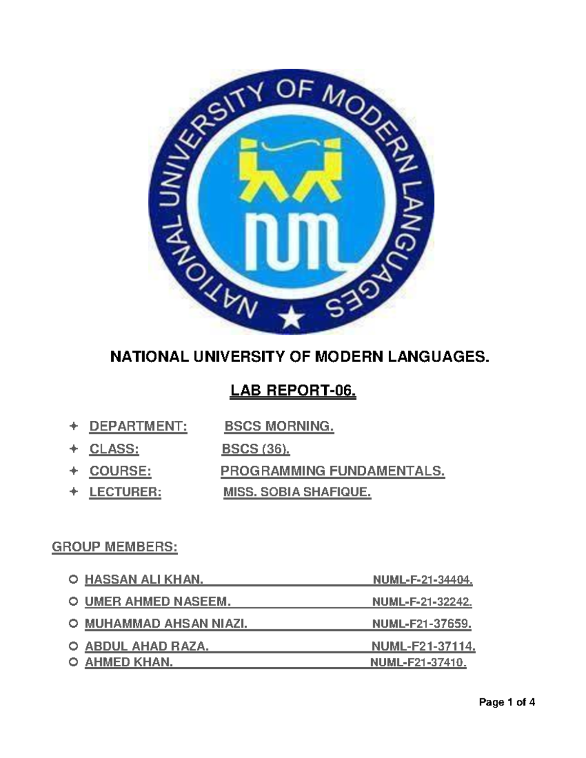 LAB 6 Report - NUML UNIVERSTY RAWALPINIDI INTRODUCTION TO C++ ...
