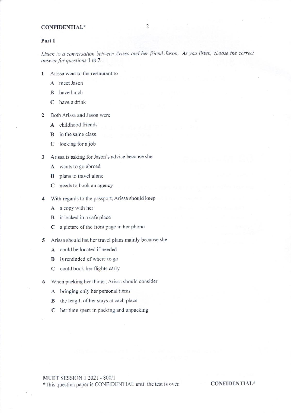 Listening MUET S1 2021-questions - 2 Part I Listen to a conversation ...