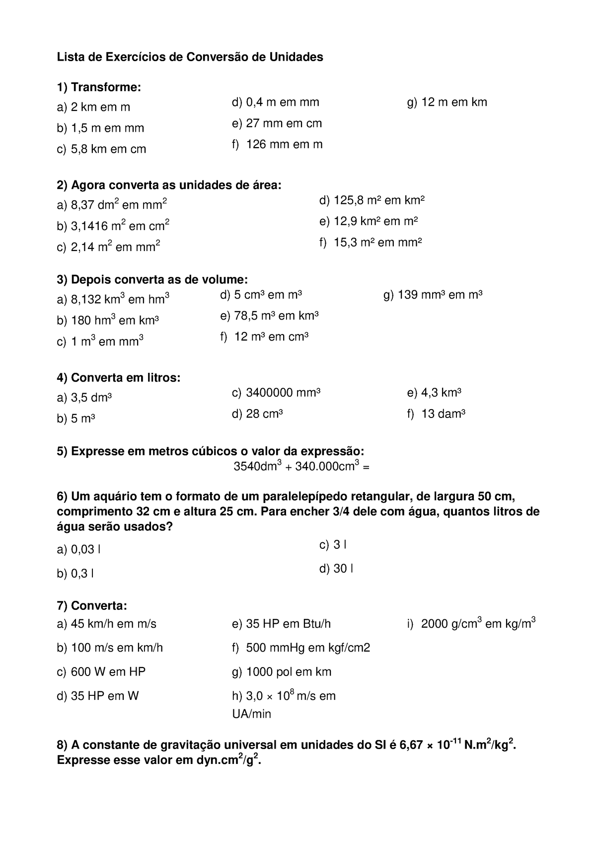 Lista De Exercícios Conversão De Medidas Lista De Exercícios De Conversão De Unidades 1