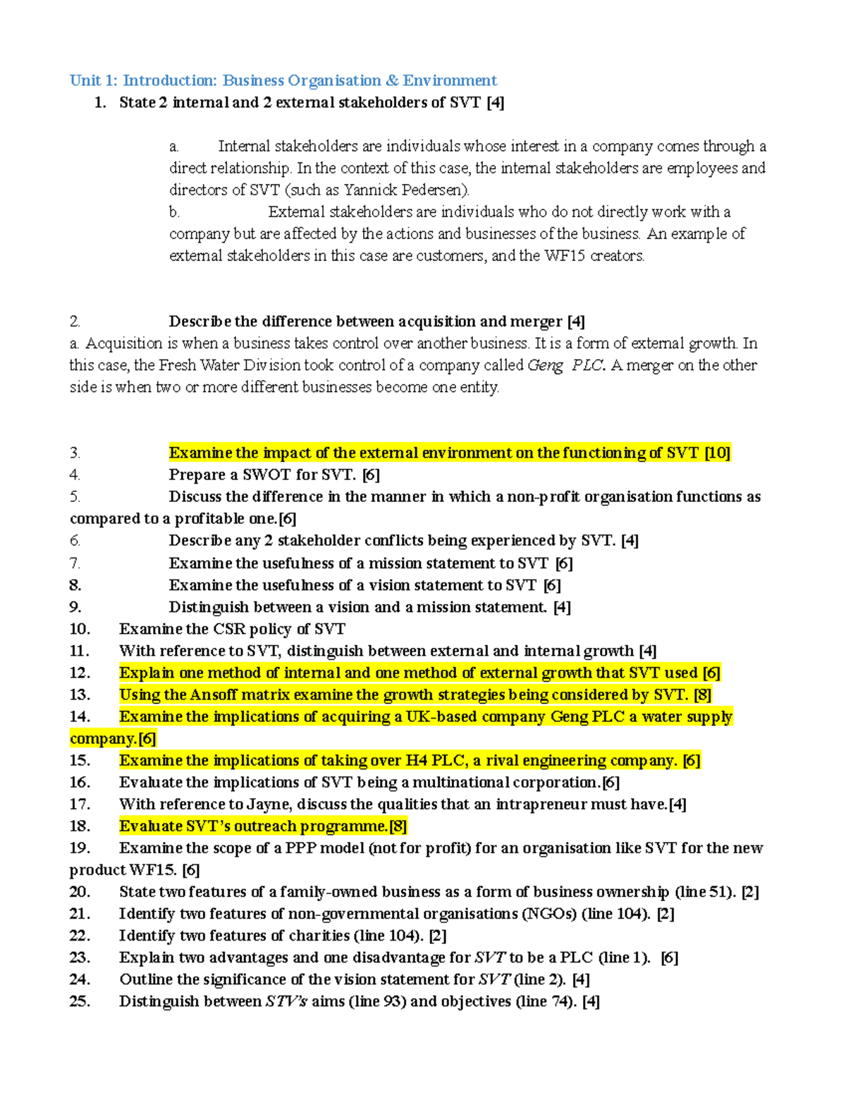 Business Paper 1 Questions Unit 1 Introduction Business