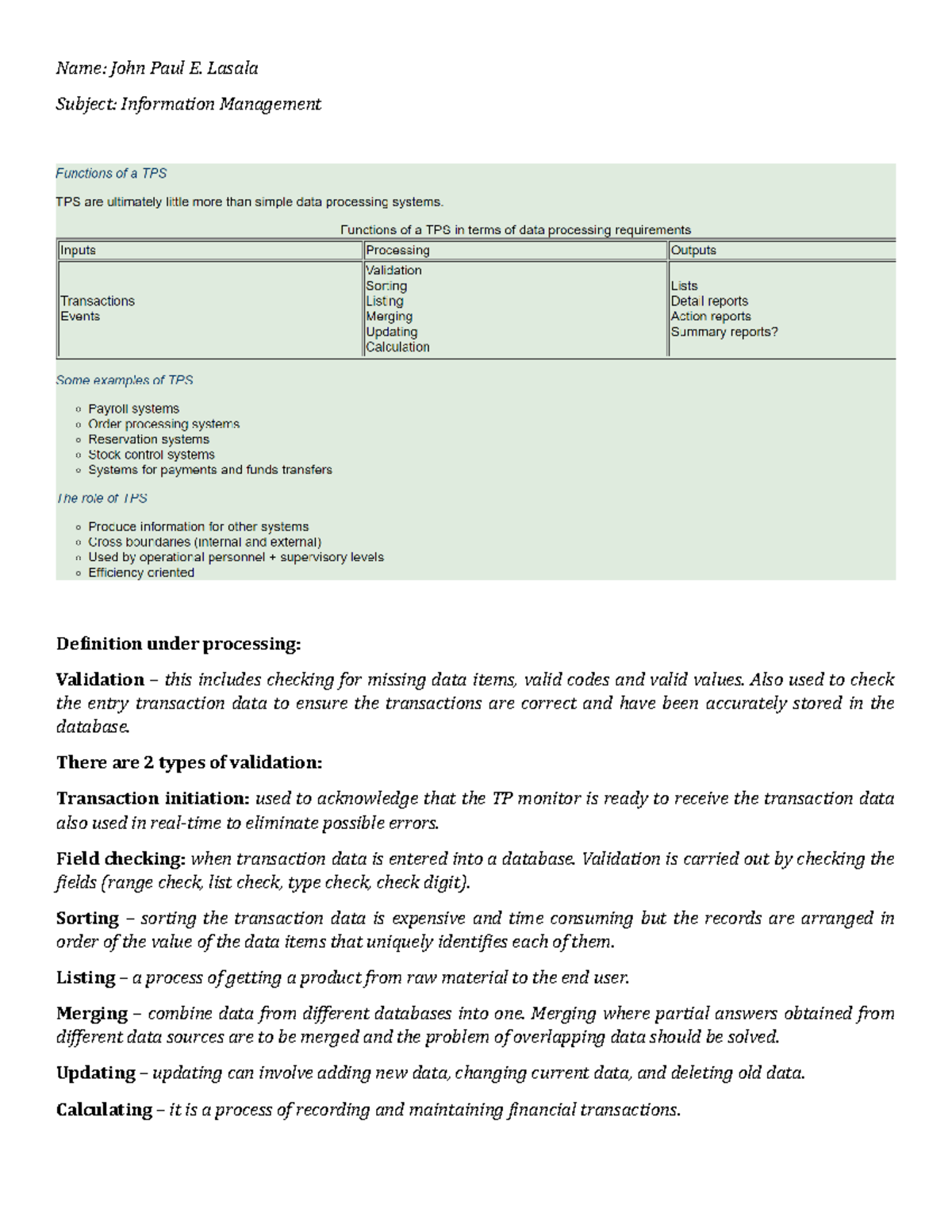 Definition TPS - lasala - Name: John Paul E. Lasala Subject ...