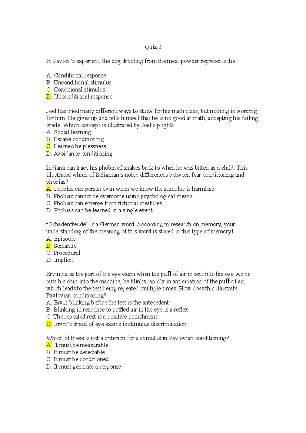 Psy 1101 Quiz 3 - Answers To Quiz 3 Practice Material (2020) - PSY1101 ...