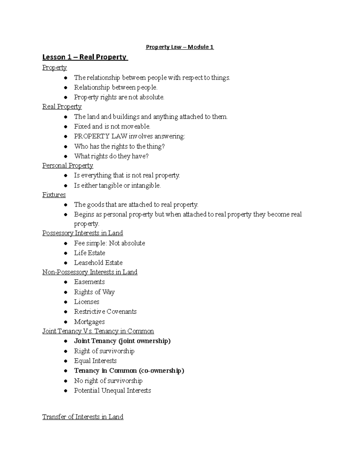 Law lesson 1 module 1 - Lecture notes 1 - Property Law – Module 1 ...