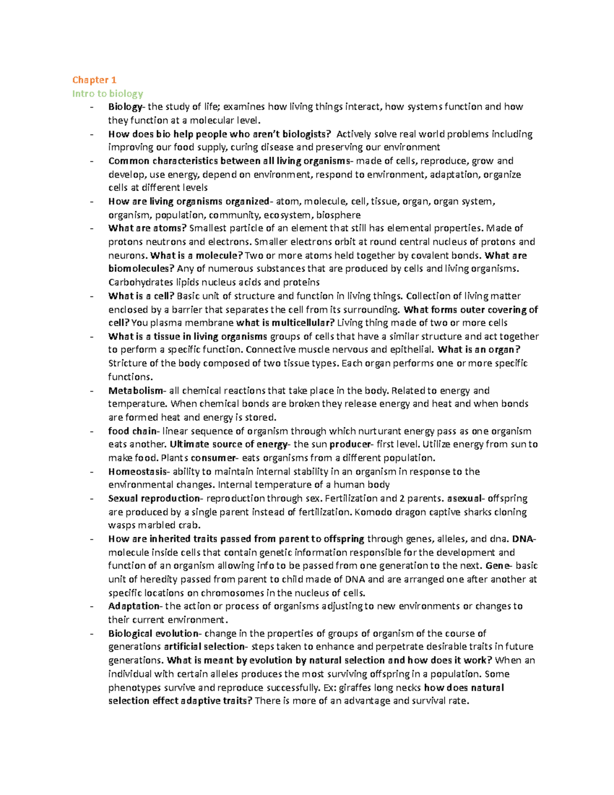 Exam 1 biology exam 1 study guide Chapter 1 Intro to biology