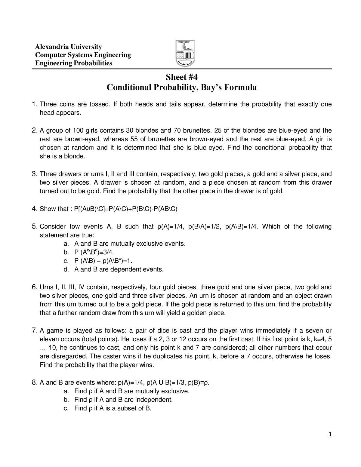 Sheet 4 CSED 1 Alexandria University Computer Systems