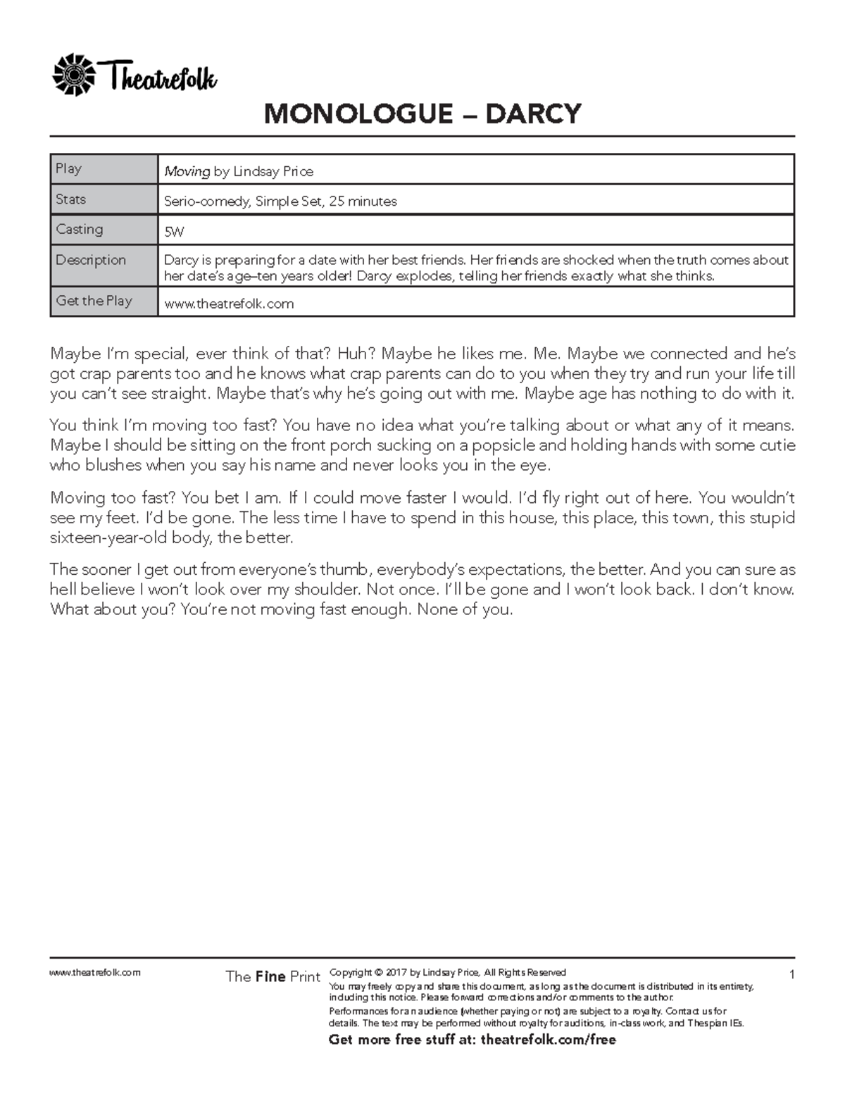 Monologue darcy from moving - theatrefolk The Fine Print Copyright ...