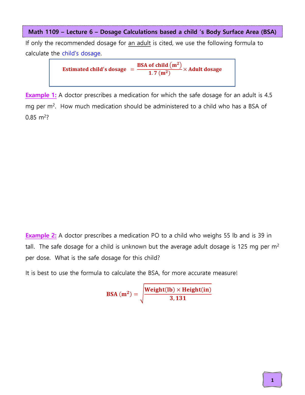 Medical mathematics 1.31 Apply mathematical computations related