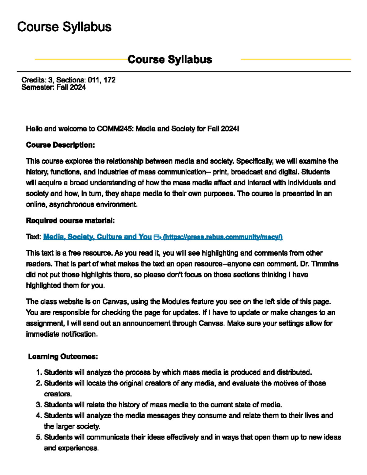 Comm245 Syllabus - Course Syllabus Course Syllabus Credits: 3, Sections ...