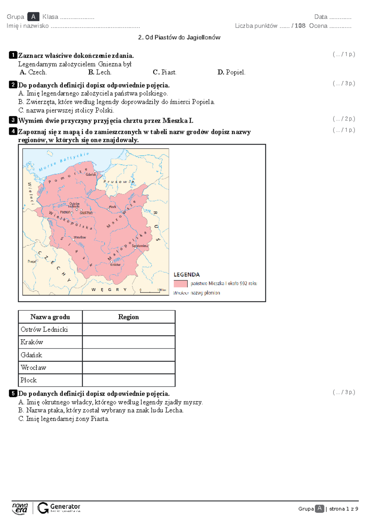 Klasa 4 Sprawdzian Piastowie