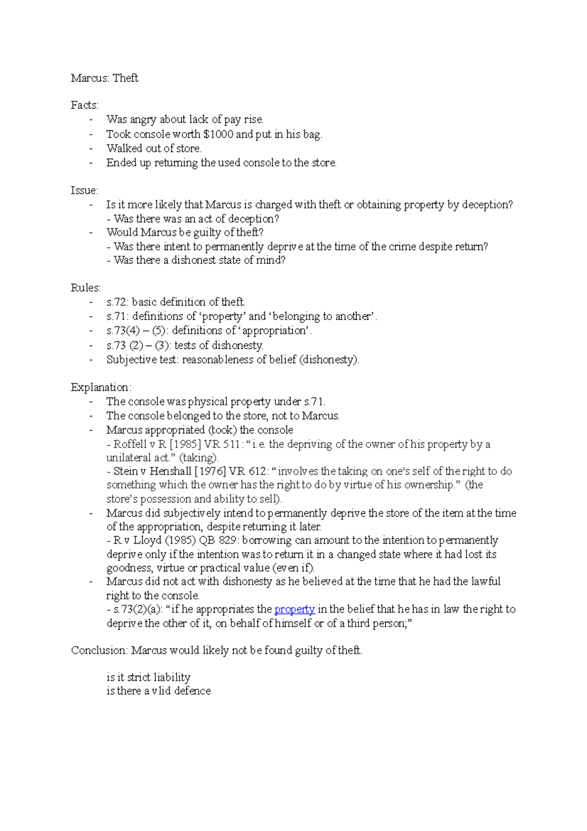 Notes - Marcus: Theft Facts: - Was angry about lack of pay rise. - Took ...