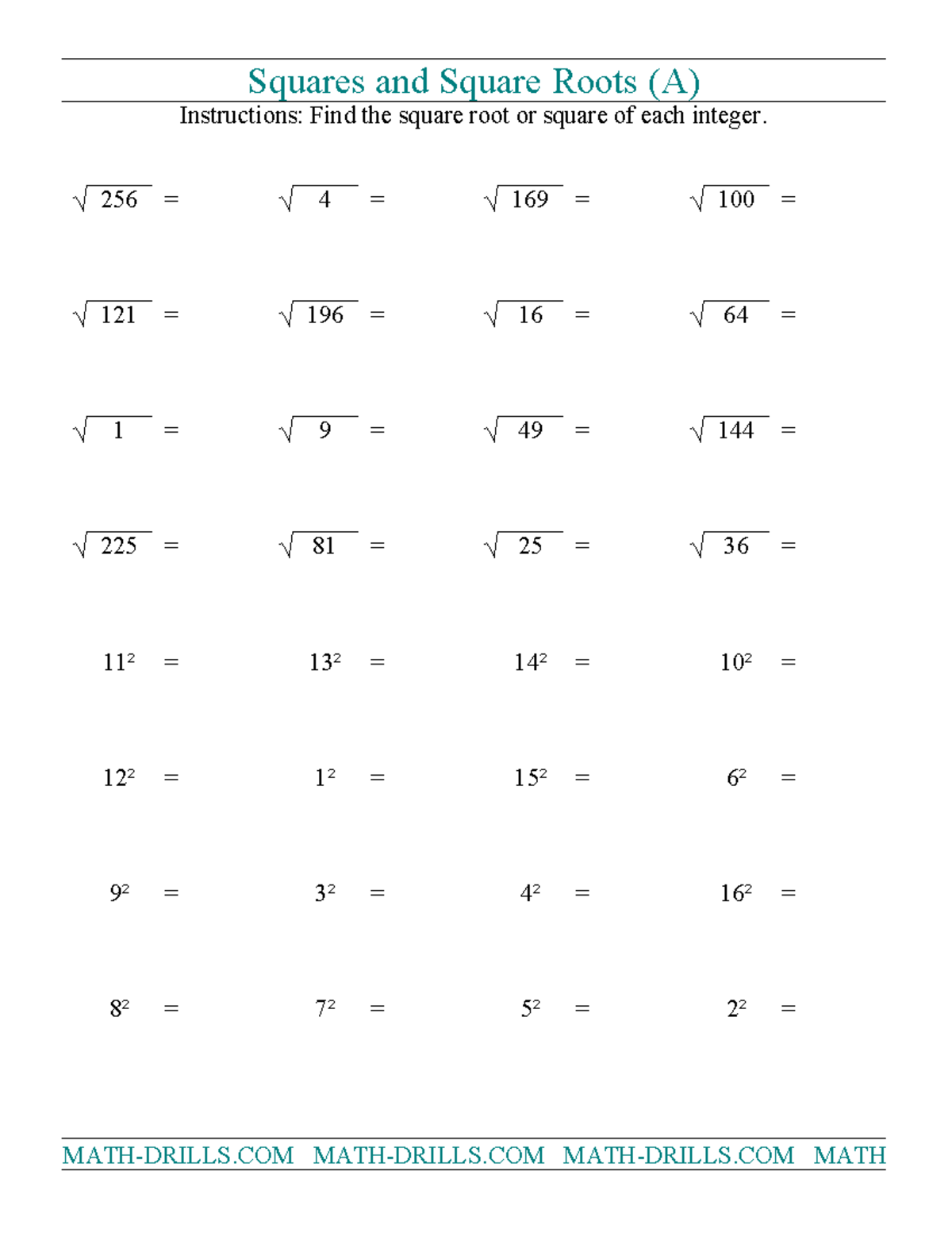 Squares and square roots all.1360997949 - Squares and Square Roots (A ...