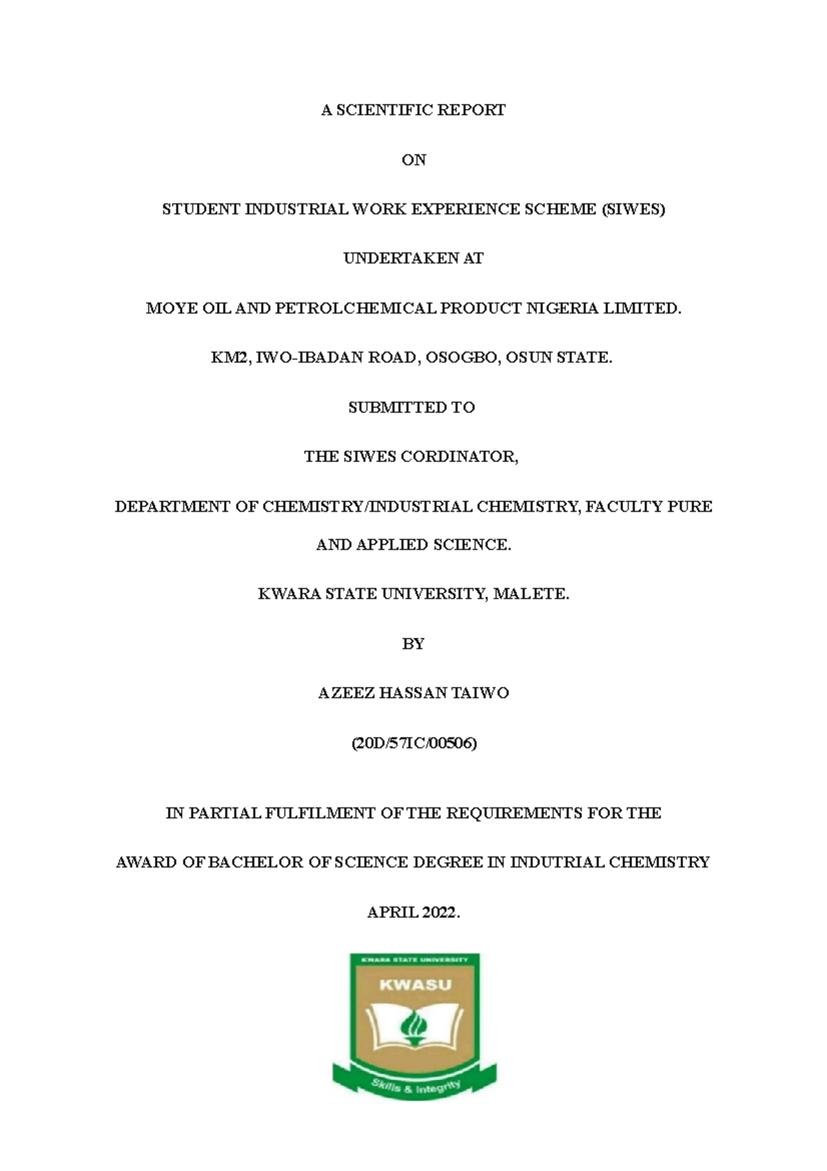 Azeez Hassan Report - Inorganic chemistry - A SCIENTIFIC REPORT ON ...