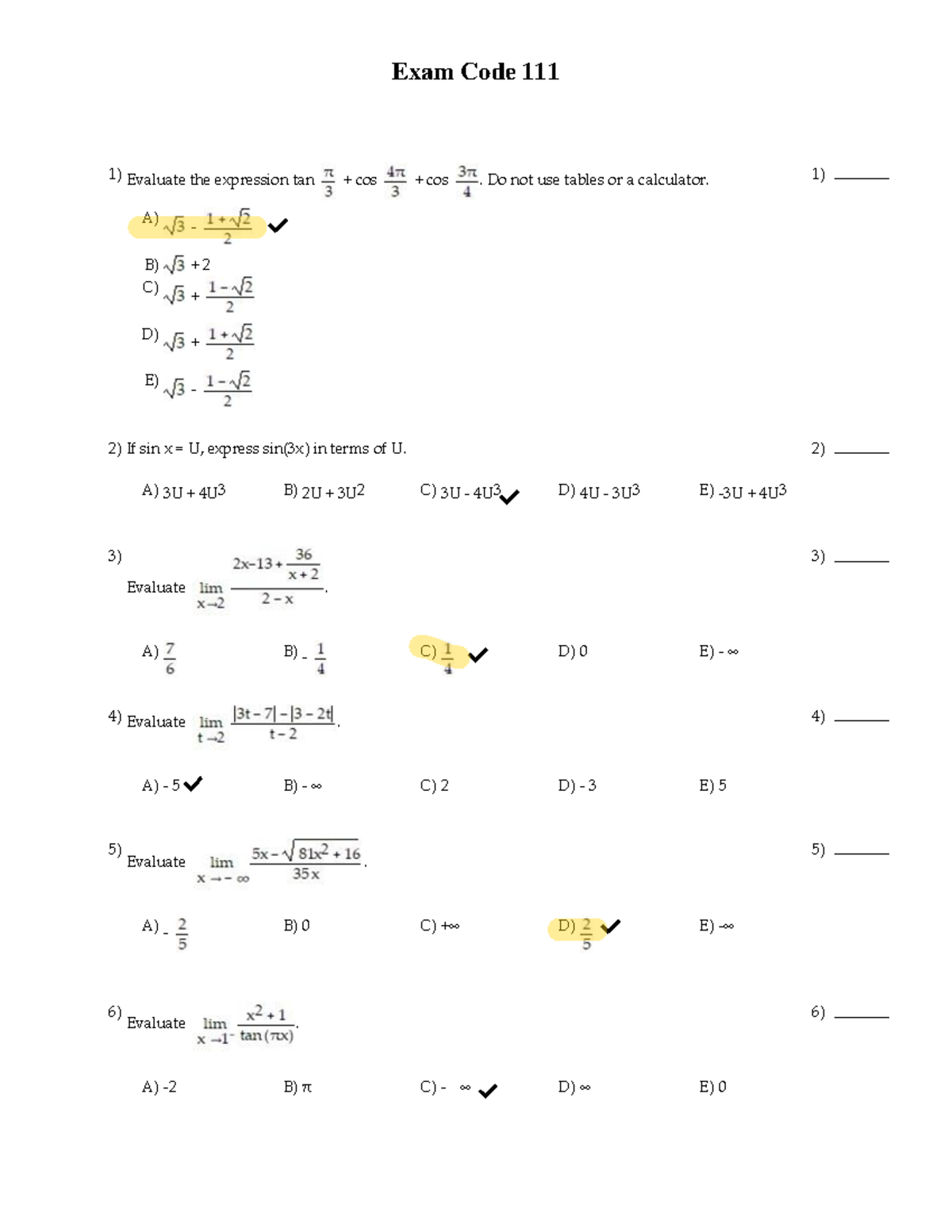 1412 midterm 2022-23 - b hbhbh - Exam Code 111 Evaluate the expression ...