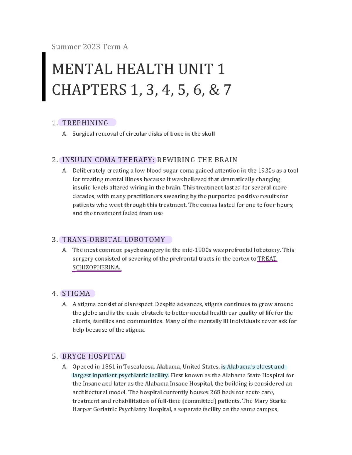 1 Mental Health Unit 1 Study Guide - Summer 2023 Term A MENTAL HEALTH ...