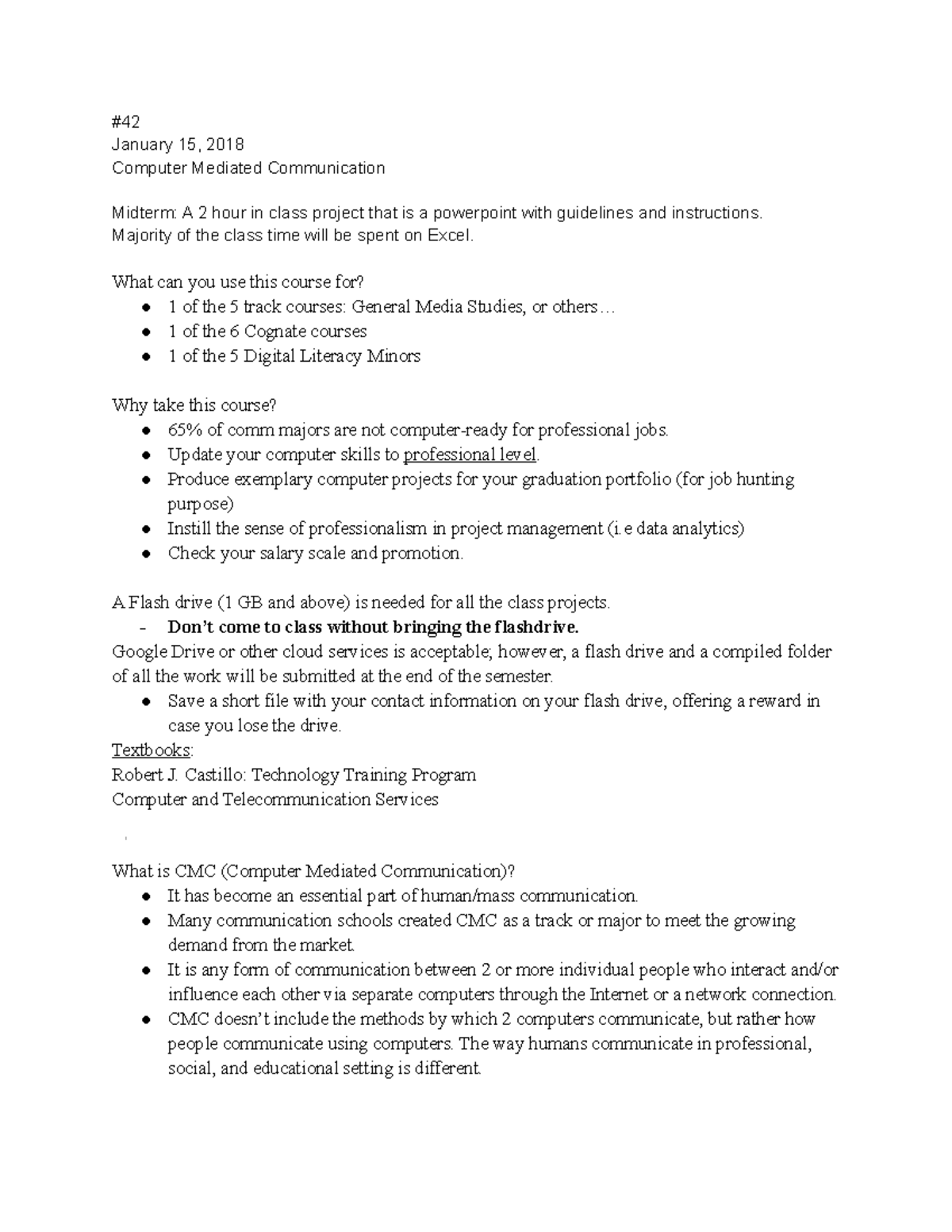 CMC Notes 1 15 - January 15, 2018 Computer Mediated Communication ...