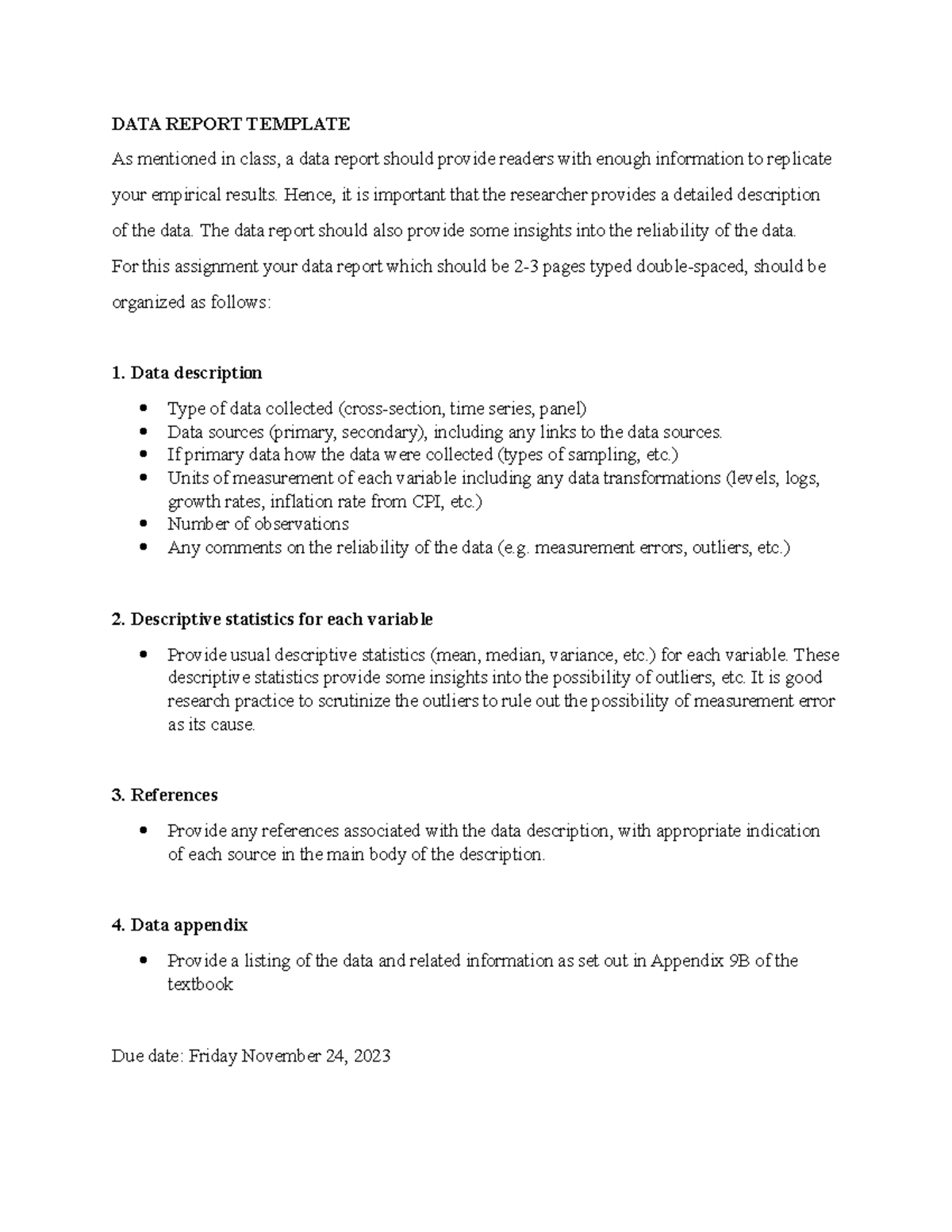 DATA Report Template - for - DATA REPORT TEMPLATE As mentioned in class ...