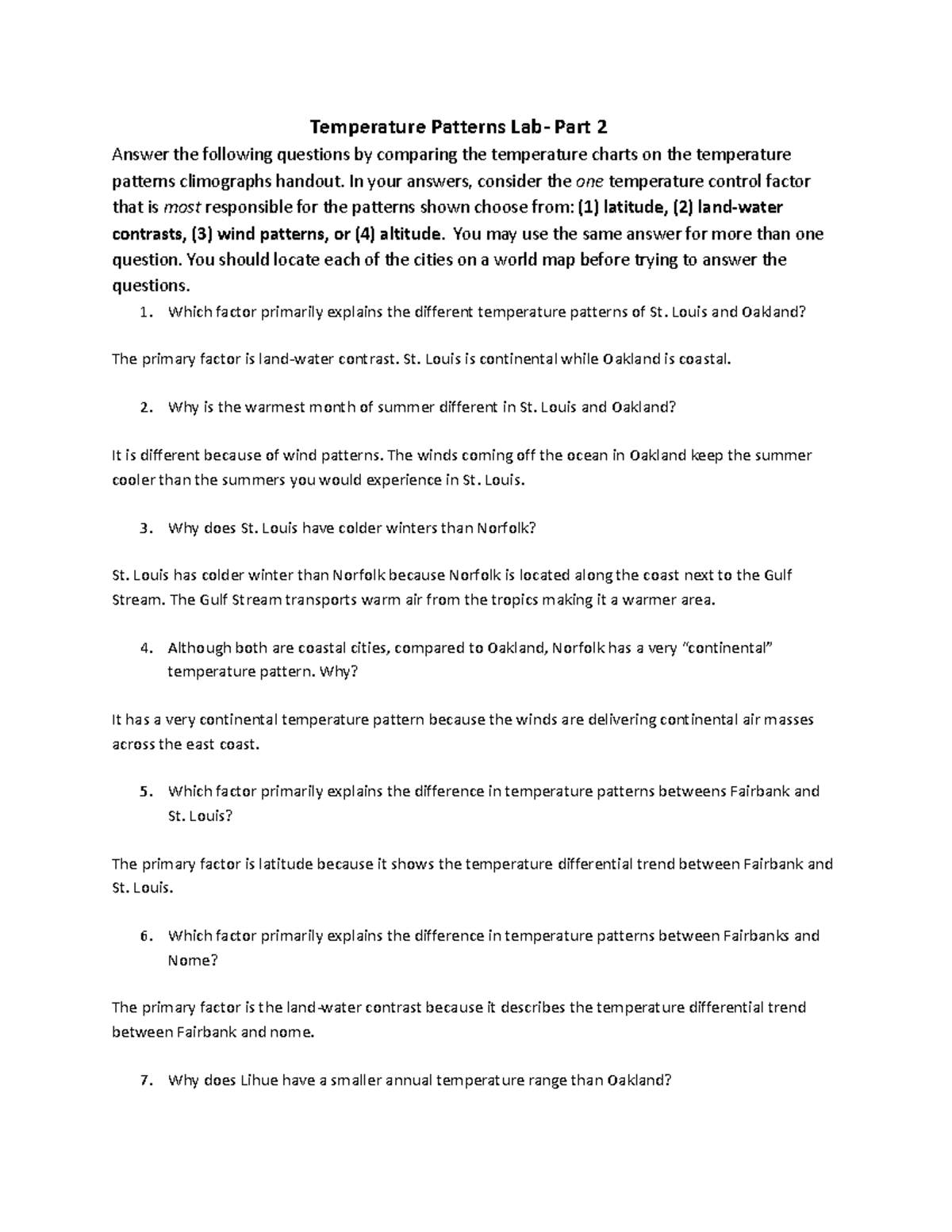 Temperature Patterns Lab Part 2 In your answers, consider the one
