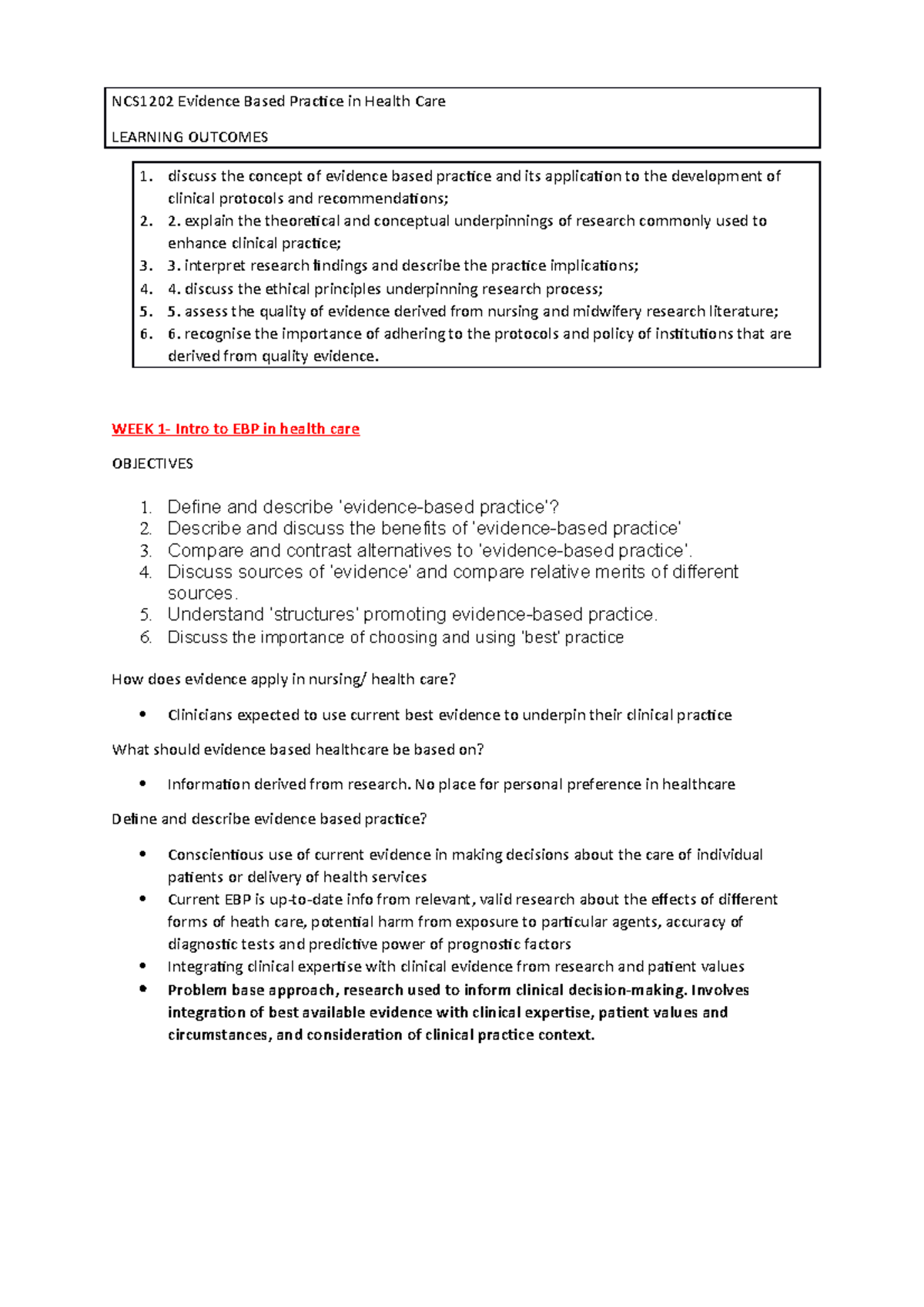 EBP ILA and TUTE notes - NCS1202 Evidence Based Practice in Health Care ...