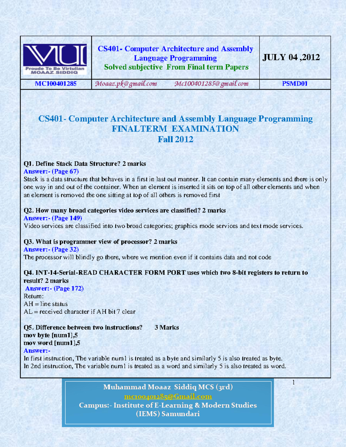 CS401-Final-Subjective - CS401- Computer Architecture and Assembly ...