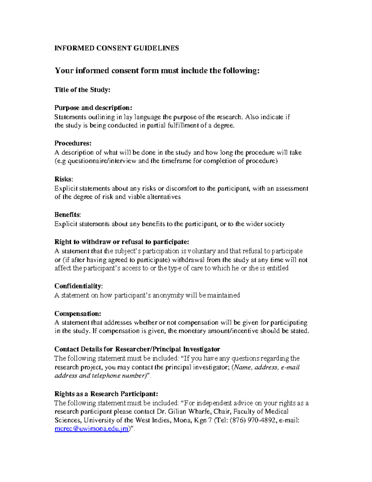 Informed consent guidelines-UWI Ethics COmmitte - INFORMED CONSENT ...