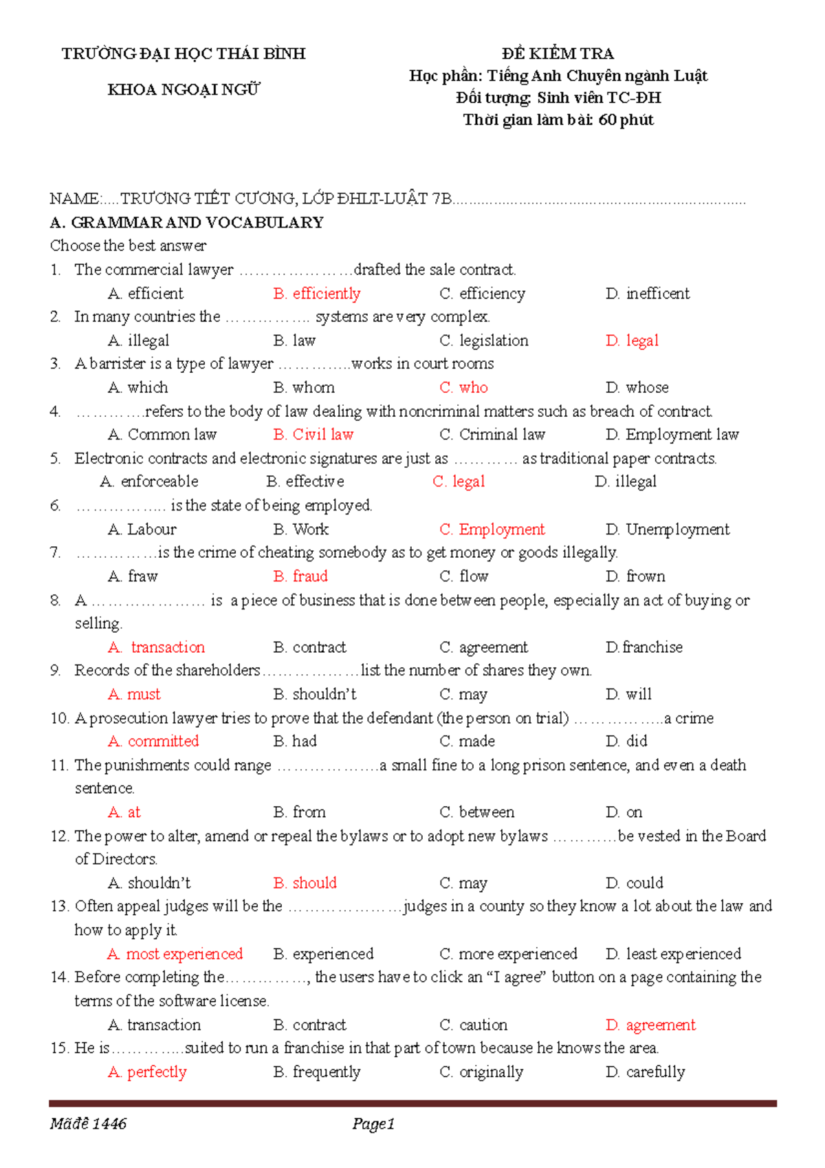 Test of legal English - TRƯỜNG ĐẠI HỌC THÁI BÌNH KHOA NGOẠI NGỮ ĐỀ KIỂM ...