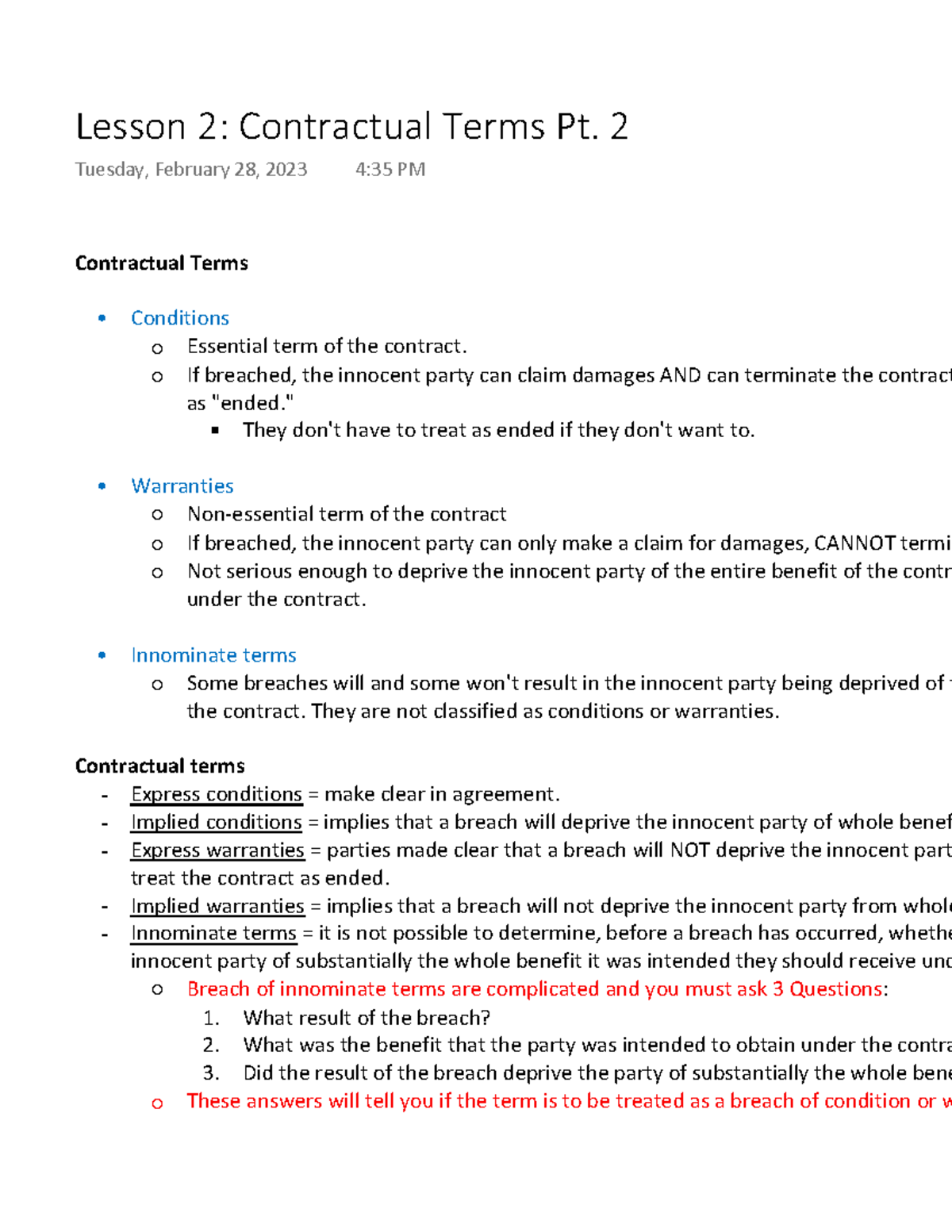 Contracts Lesson 2 Contractual Terms Pt. 2 - Contractual Terms ...