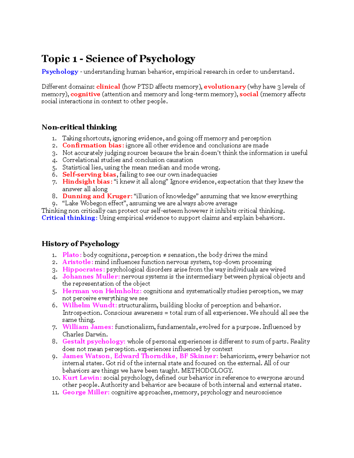 PS101 notes - Topic 1 - Science of Psychology Psychology ...