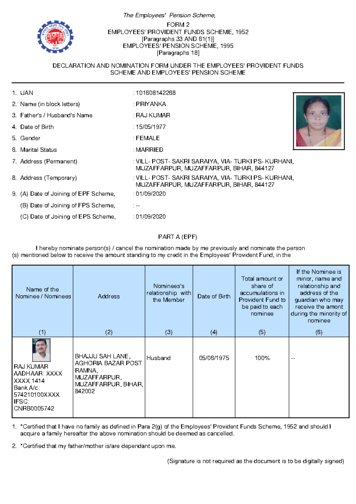 RAJ Kumar EPFO FORM - The Employees' Pension Scheme, FORM 2 EMPLOYEES ...