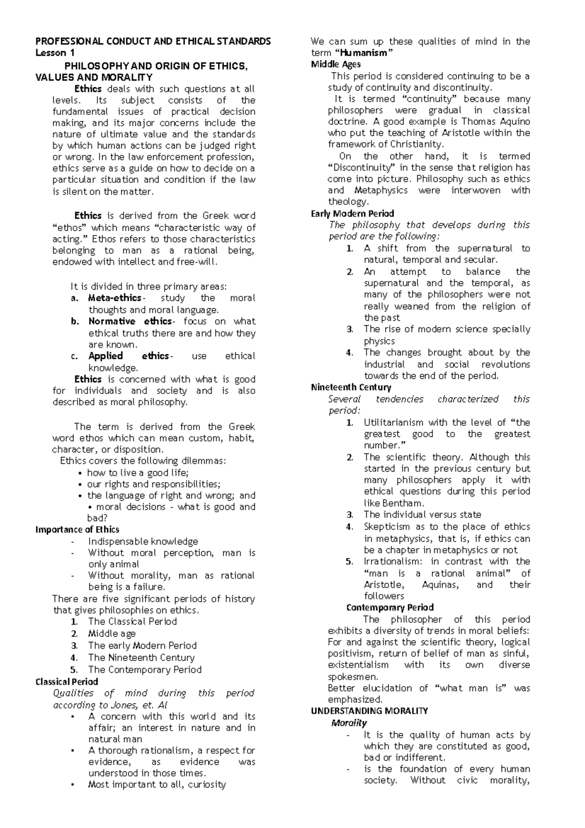Notes - Note - PROFESSIONAL CONDUCT AND ETHICAL STANDARDS Lesson 1 ...