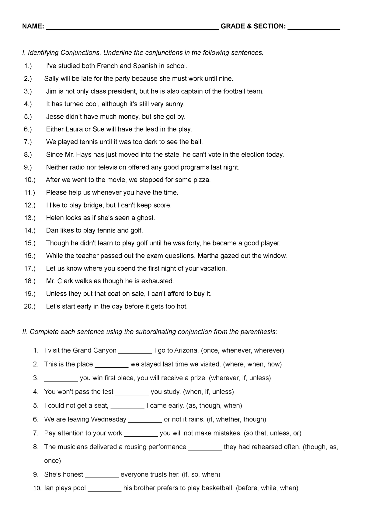 Conjunctions - Worksheets - NAME ...