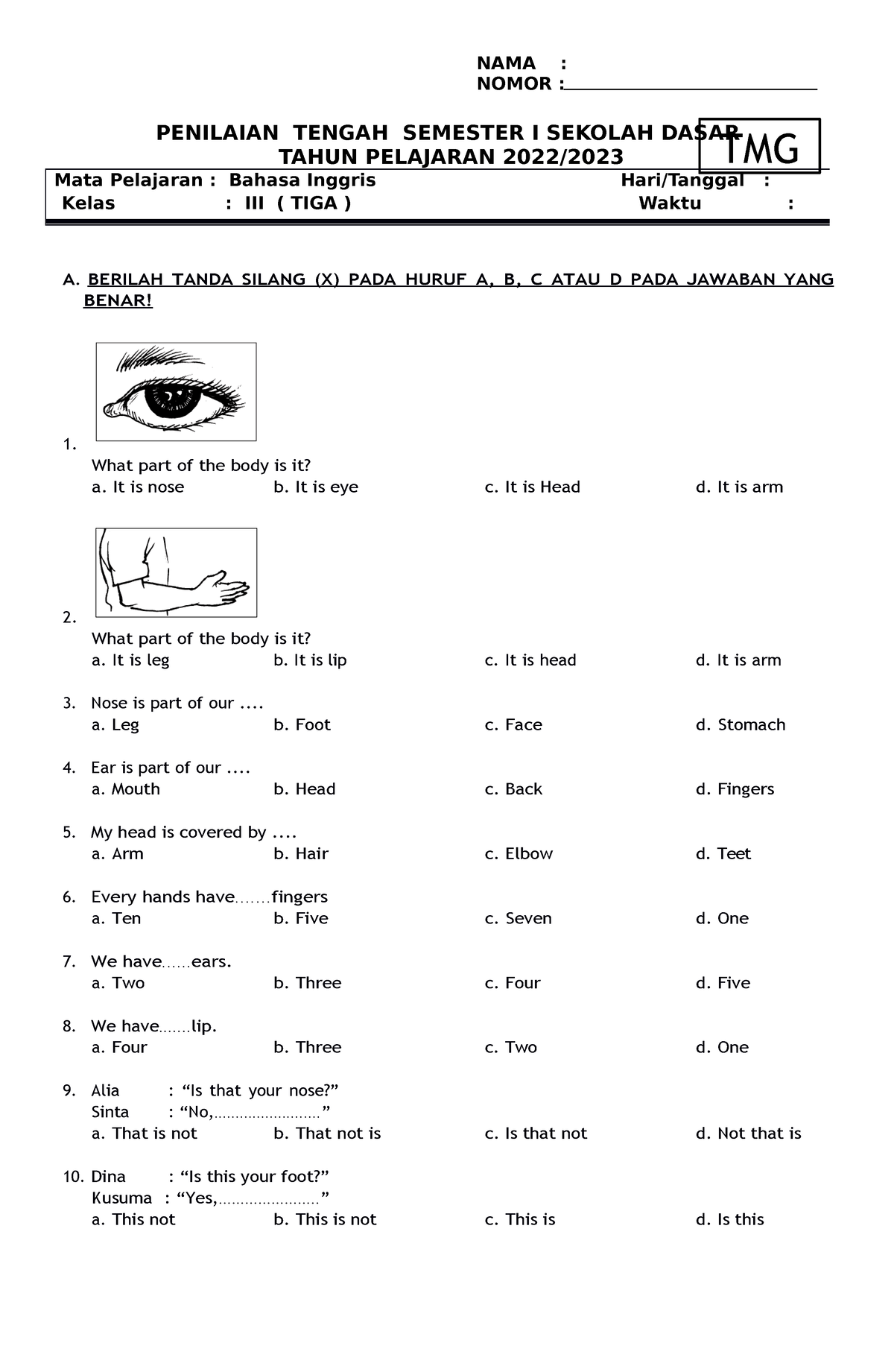 Soal Bahasa Inggris Kelas 3 Sd Bab 1 Parts Of The Body Dan Kunci