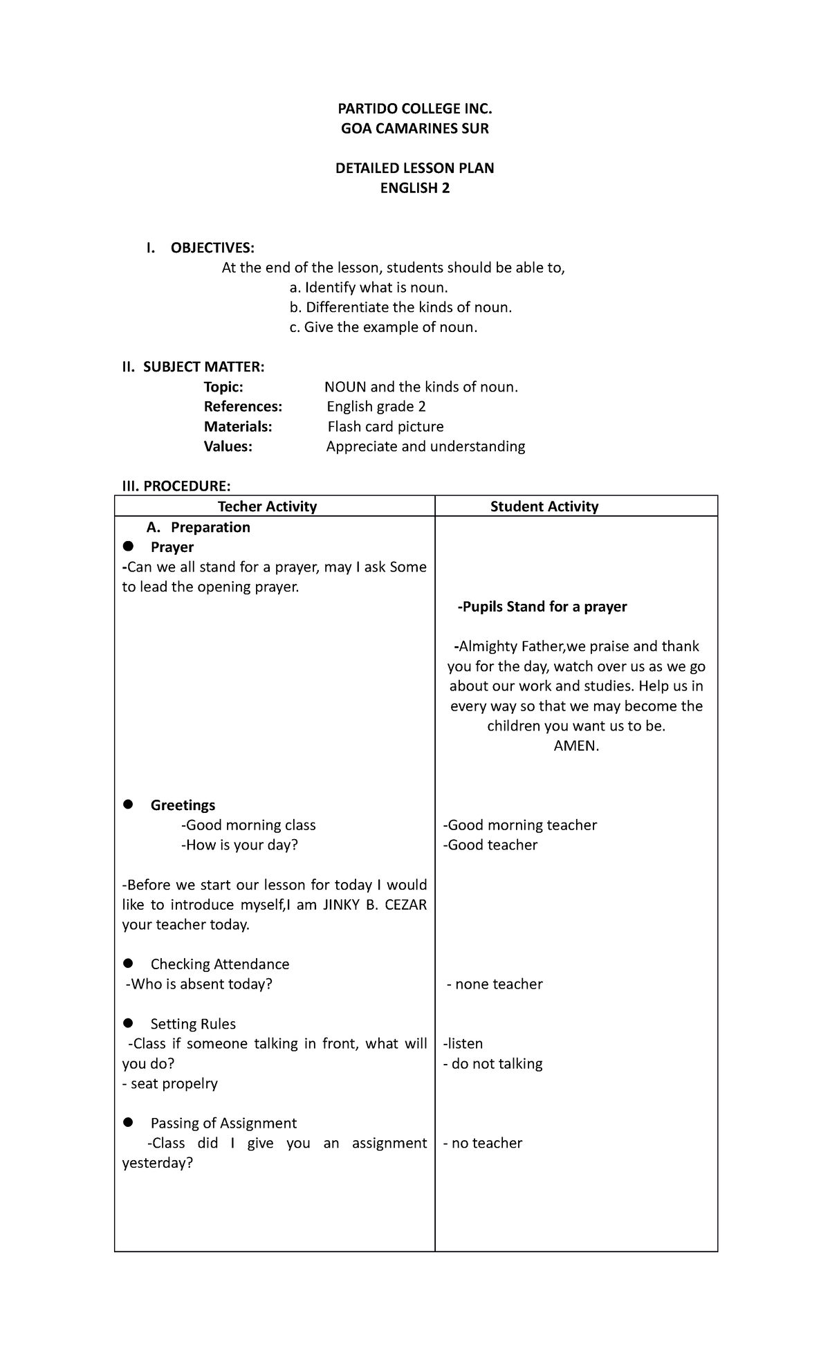 Lesson plan english 2 - PARTIDO COLLEGE INC. GOA CAMARINES SUR DETAILED ...