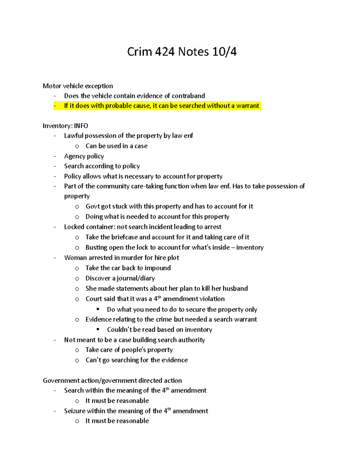 Crim 424 Notes 104 Lisa Baker Crim 424 Notes Motor vehicle