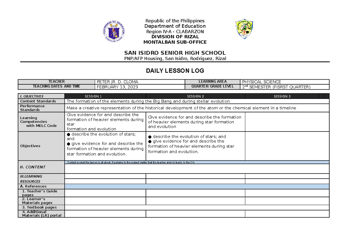 DLL-Template- Sishs - hi asfompsd,l[.; - Republic of the Philippines ...