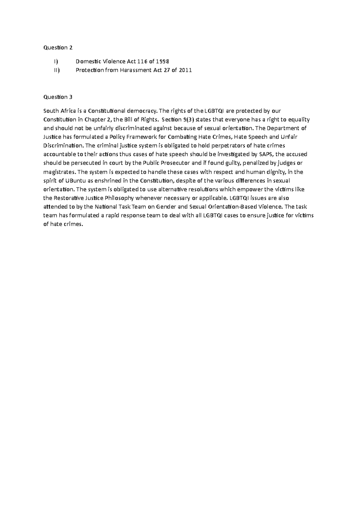 Question 2 IRM EXAM ANSWER - Question 2 I) Domestic Violence Act 116 of ...
