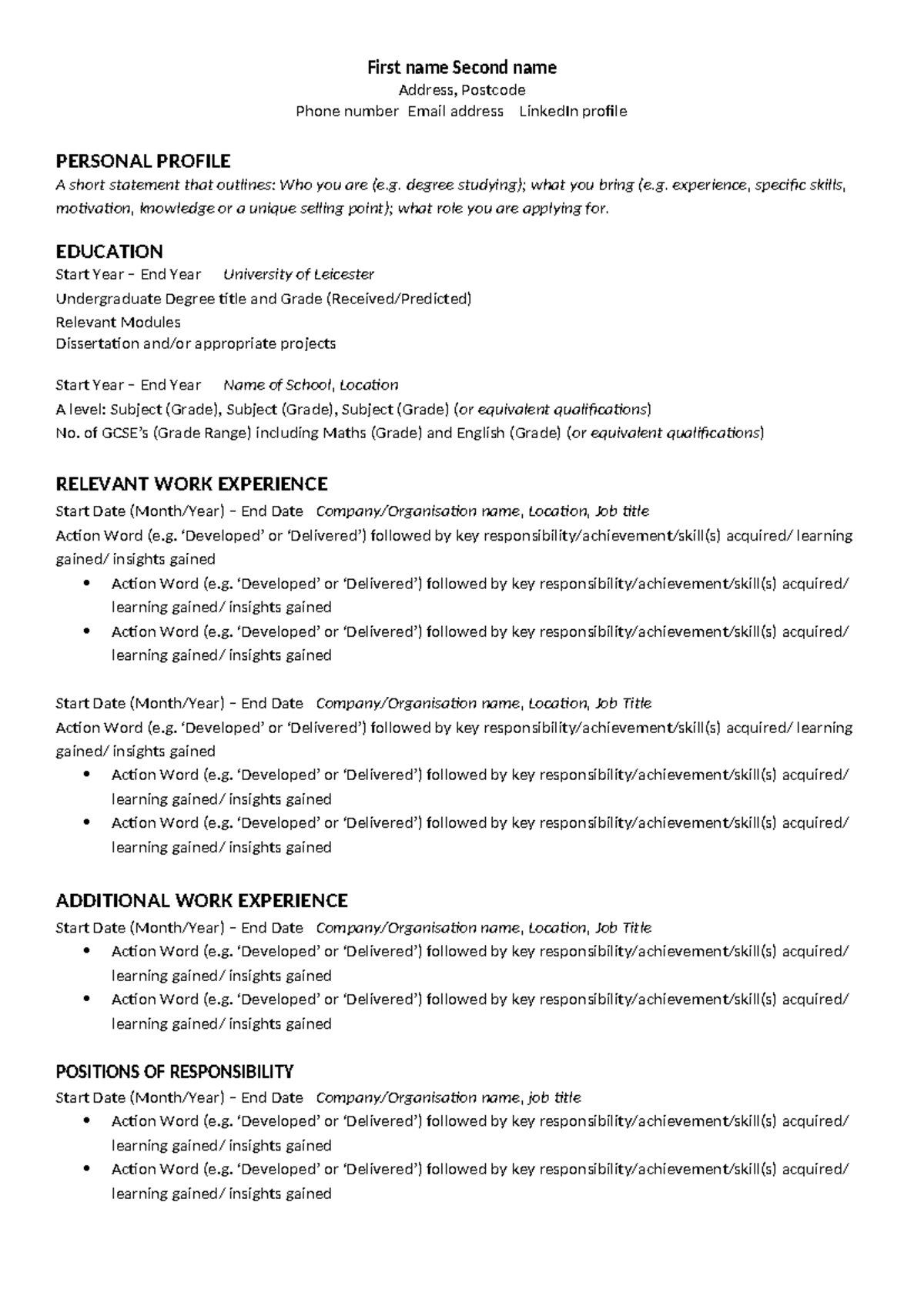 Leicester CV Template - cv for career - First name Second name Address ...
