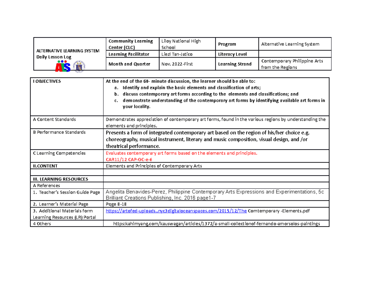 Lesson Plan Elements Contemporay Arts - ALTERNATIVE LEARNING SYSTEM ...