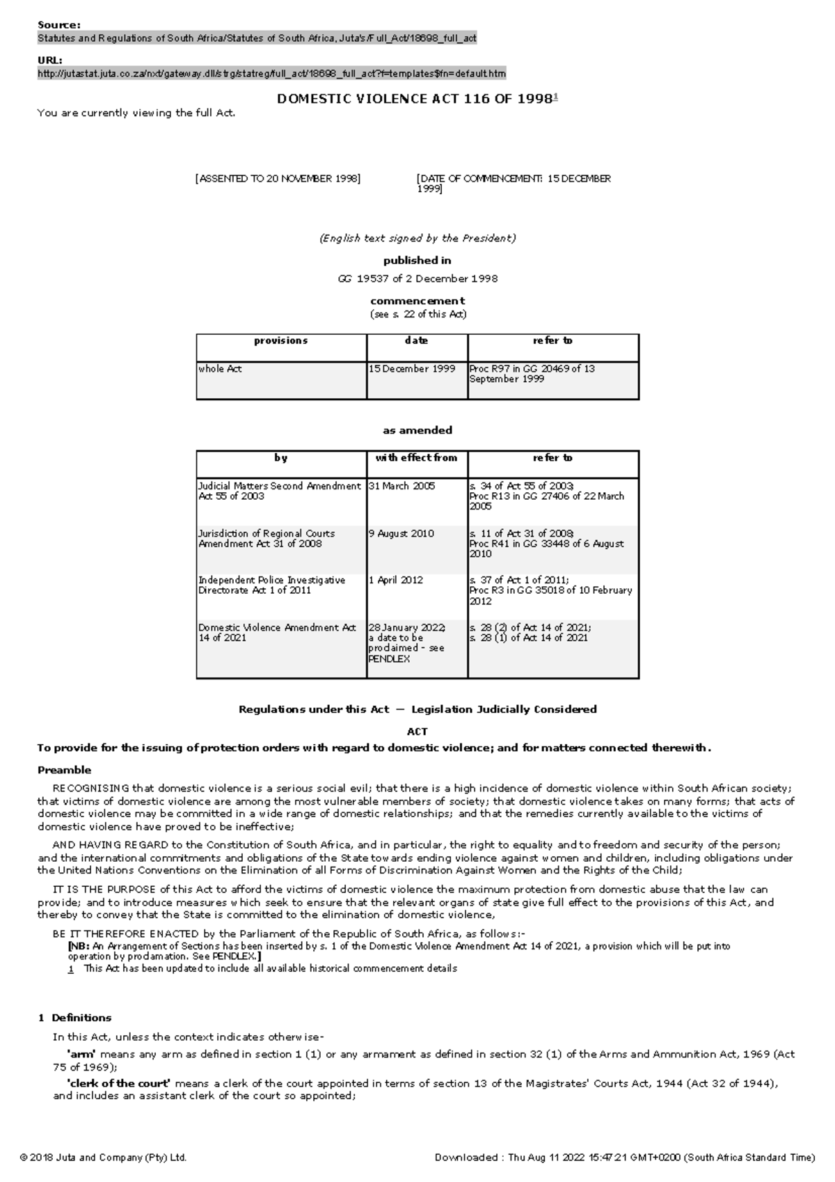 Domestic Violence ACT 116 OF 1998 Studocu