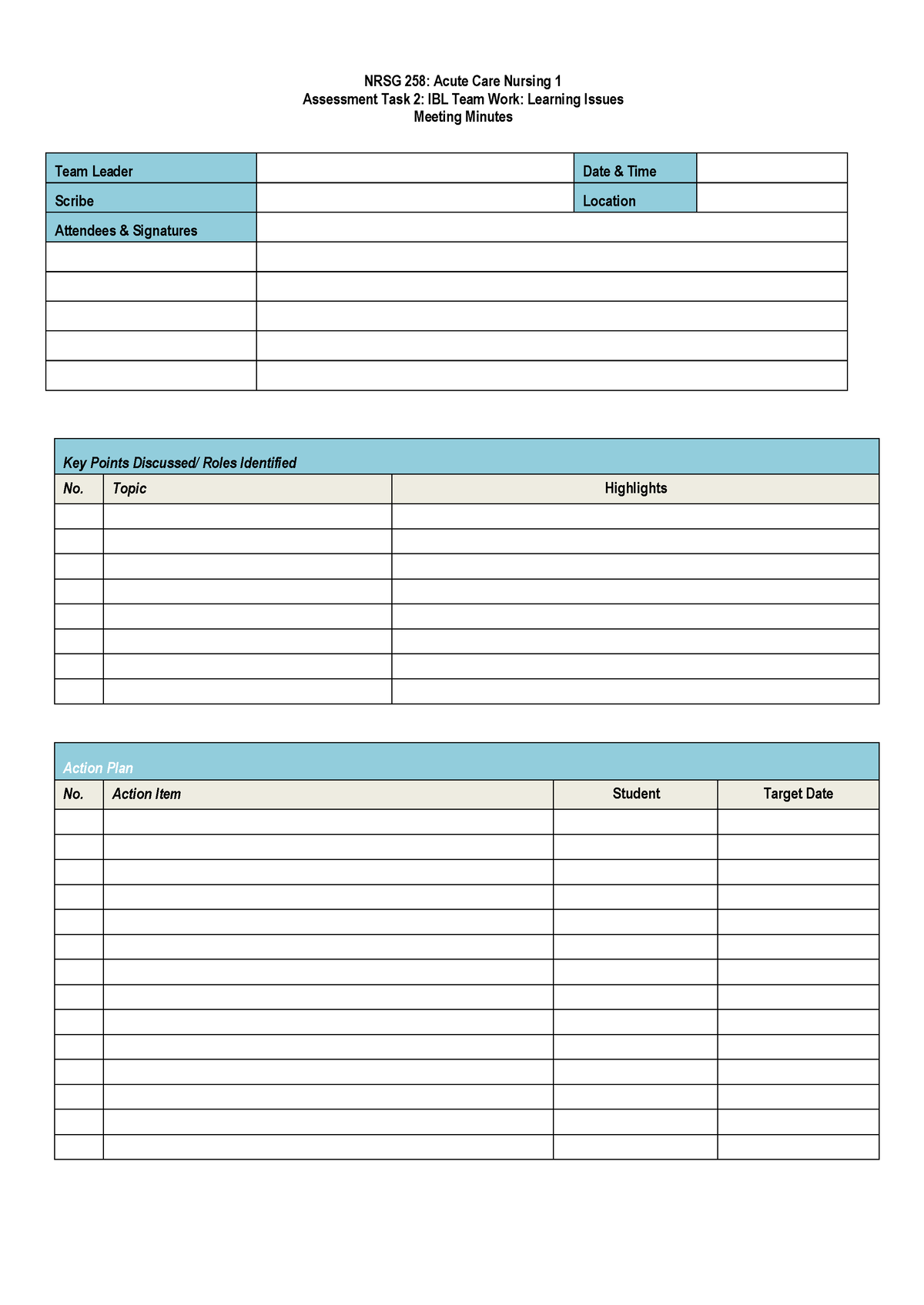 Nrsg 258 Team Work Meeting Minutes Copy - Nrsg 258: Acute Care Nursing 