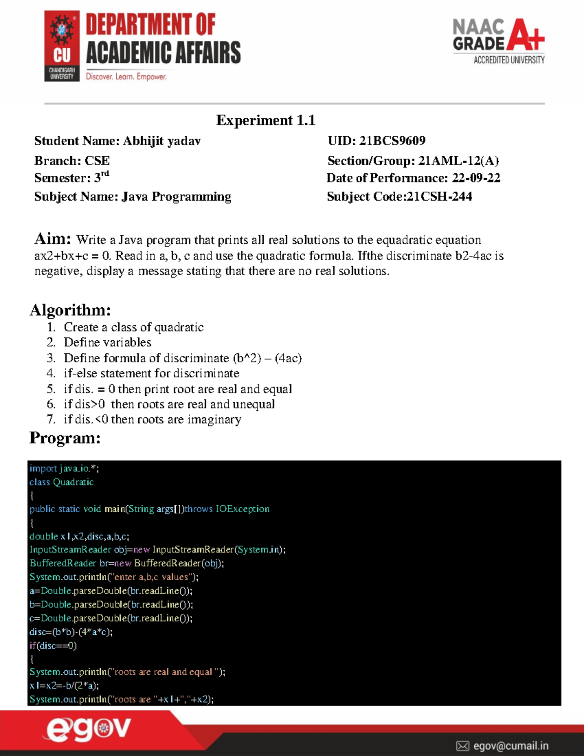 Java 1 - java worksheet 1 - import java.; class Quadratic { public ...
