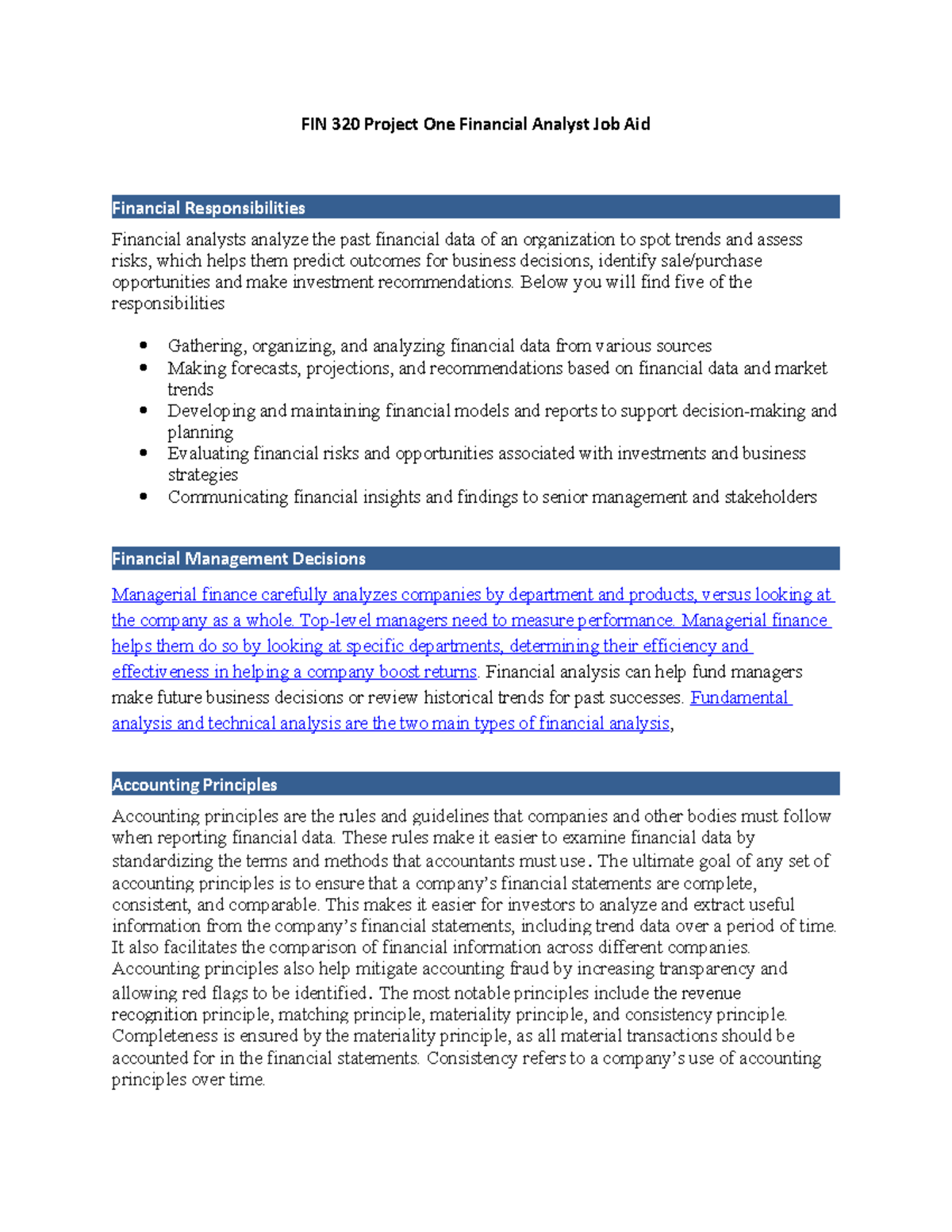 Project One Finance - FIN 320 Project One Financial Analyst Job Aid ...